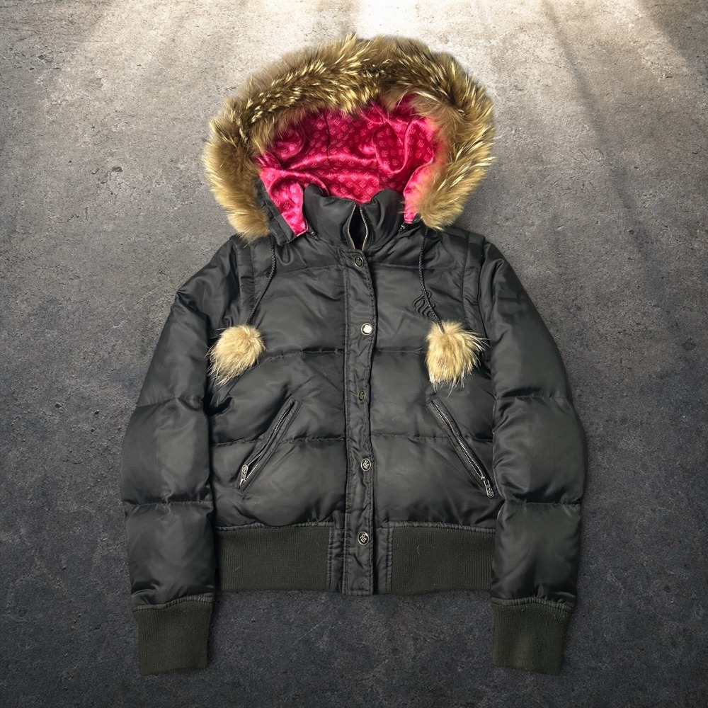 Rocawear Y2K Puffer Bomber Jacket Faux Fur Hood Black Pink Size Medium